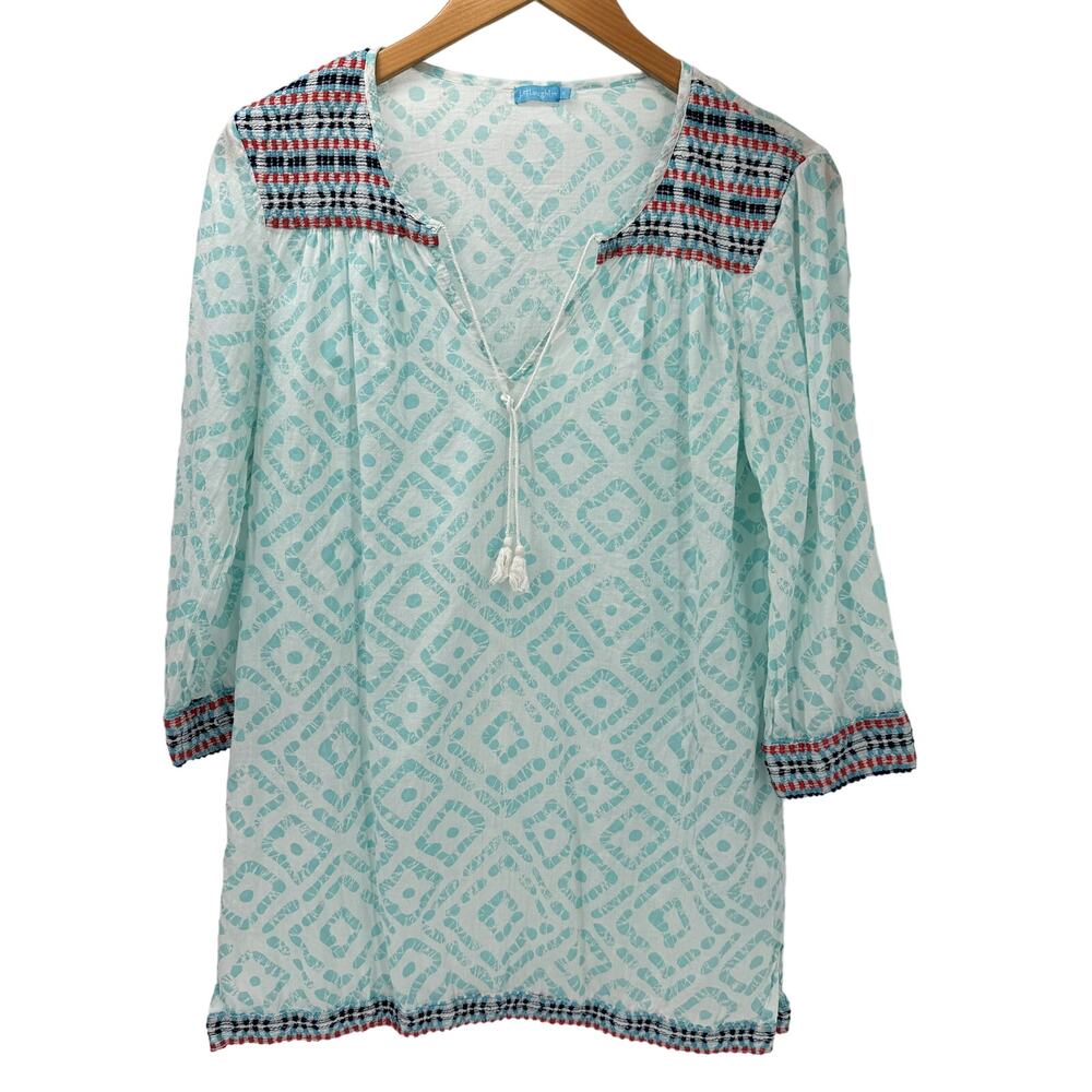 J McLaughlin Tunic Womens Medium Blue‎ Pink Embroidered Boho Pullover V-Neck Top
